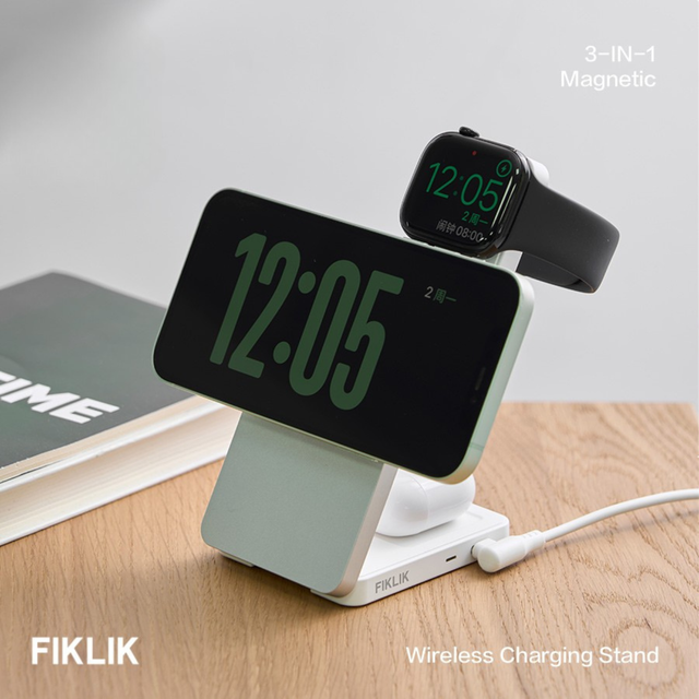 Wireless charging stand with smartphone smartwatch and air pods the brand 'FIKLIK'. Q2
