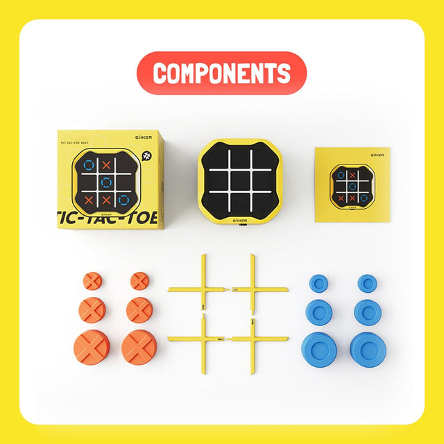 Overview of GiiKER Tic-Tac-Toe components including magnetic X and O pieces.