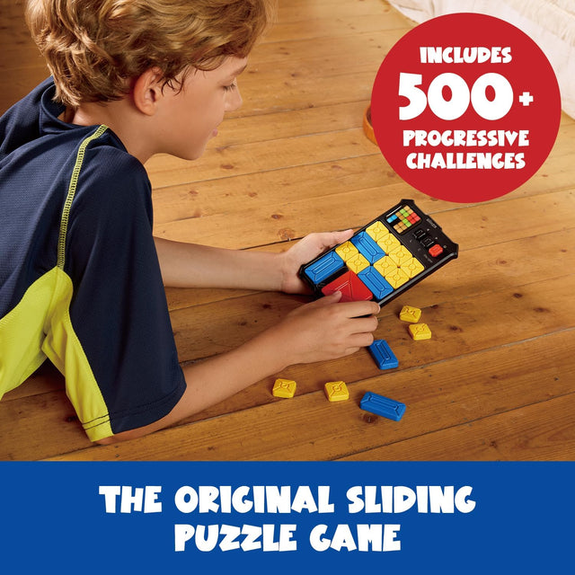 Child playing with a sliding puzzle game on a wooden floor, with text highlighting features.