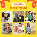 Collage of children playing with educational toys on a yellow background with text 'Thousands of happy families'.