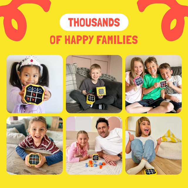 Collage of children playing with educational toys on a yellow background with text 'Thousands of happy families'.